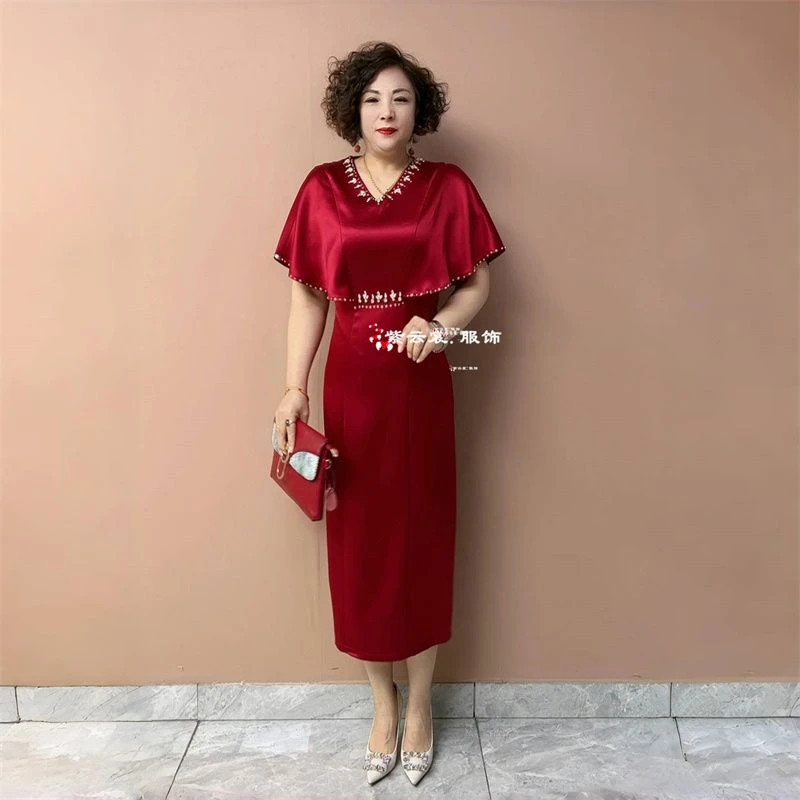 喜妈妈国风婚宴装喜婆婆礼服年轻款新订婚宴会长款气质连衣裙