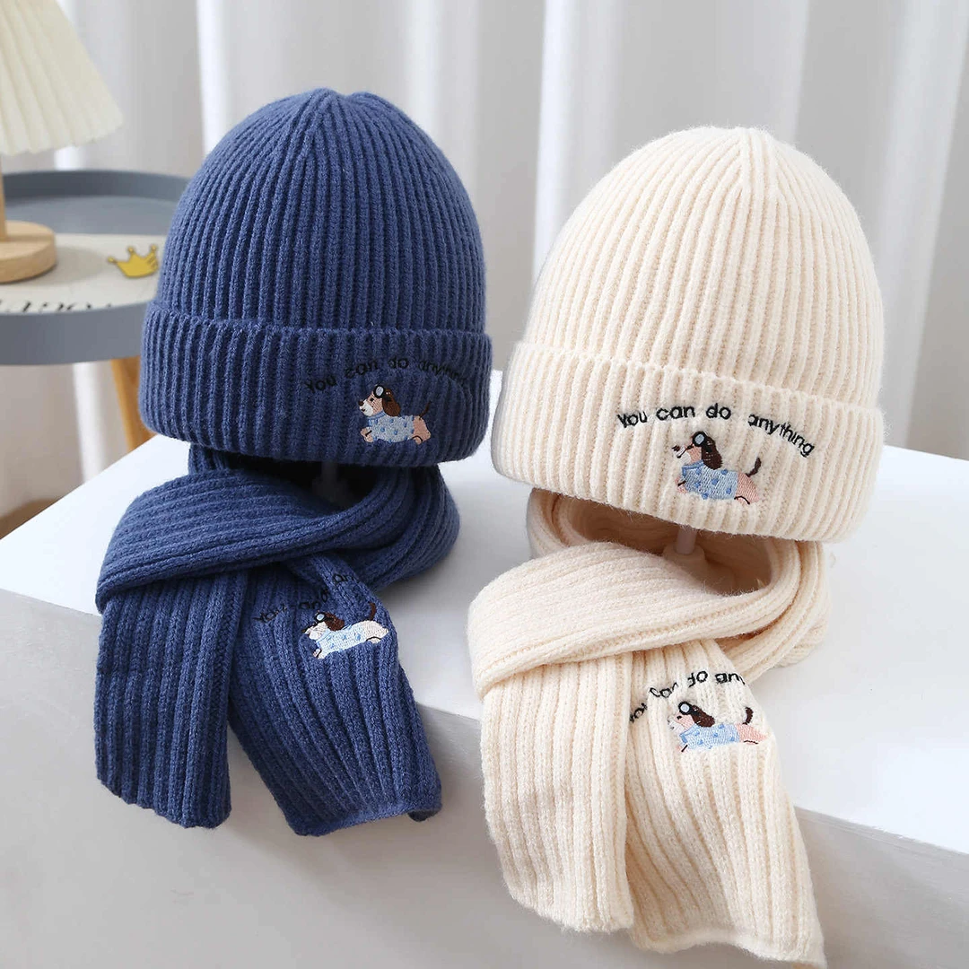 儿童帽子围巾两件套秋冬韩系卡通男童加厚保暖毛线女孩宝宝套头帽