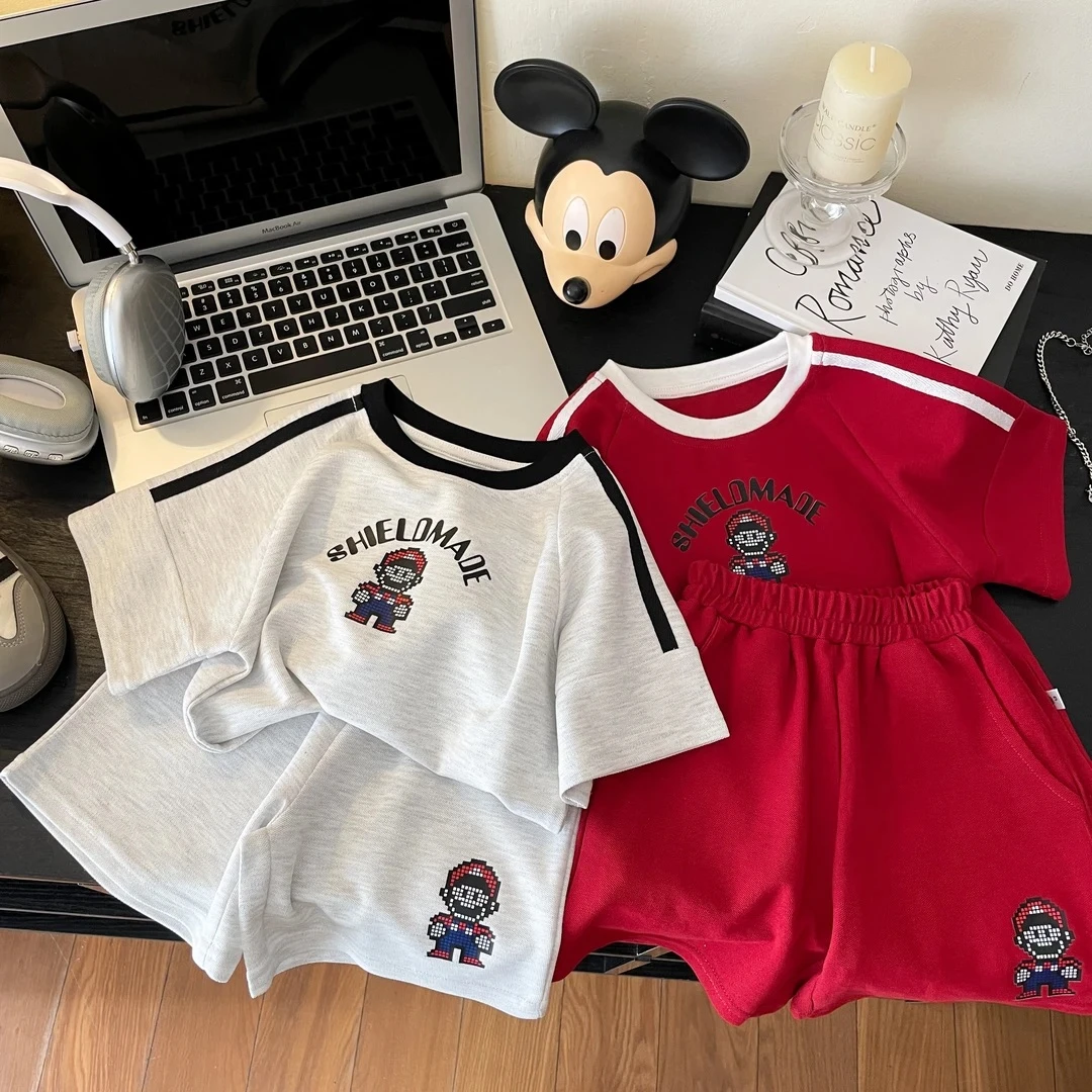 2025夏季新款男童潮流棉卡通休闲时尚短袖短裤套装韩版运动儿童