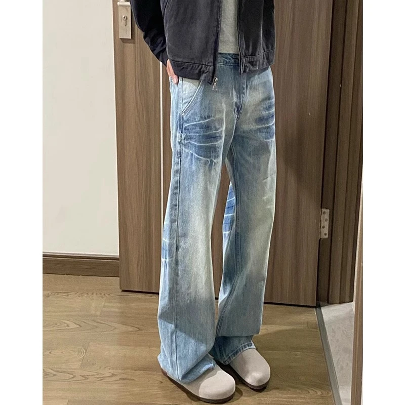 痞帅vibe水洗猫须裂纹牛仔裤男款春季潮牌设计感裤子宽松直筒长裤