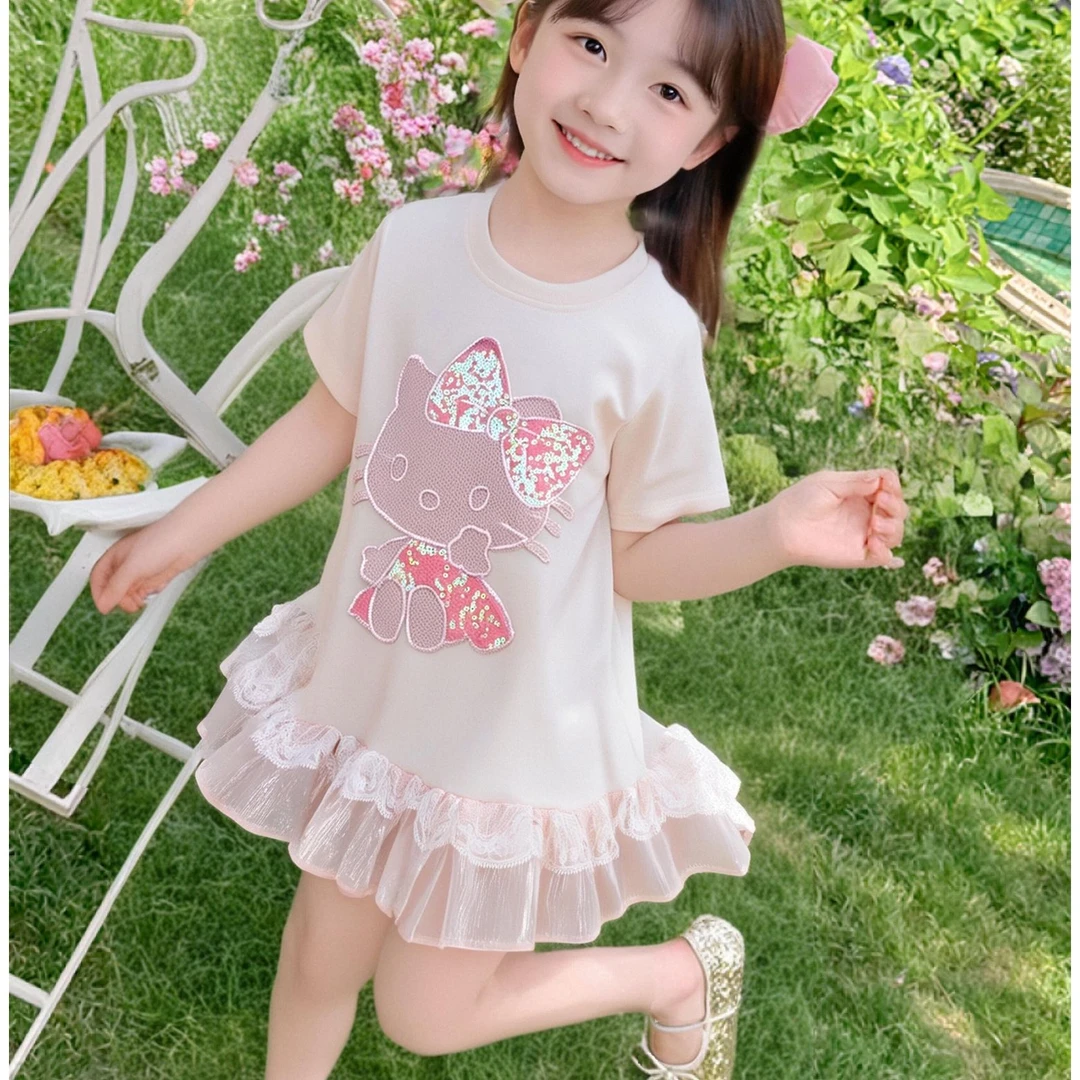 MN女童Kitty公主裙2025夏季薄款洋气女孩卡通猫咪时尚连衣裙纱裙~