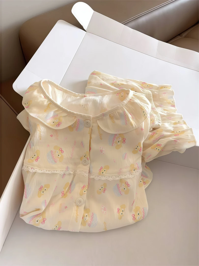 ins少女可爱卡通娃娃领睡衣女夏季新款公主风宽松家居服可外穿