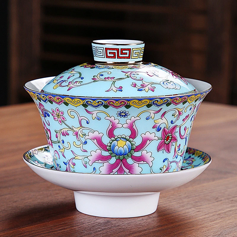 高档珐琅彩三才盖碗茶杯羊脂瓷瓷盖碗茶具德化白瓷茶器功夫泡茶碗