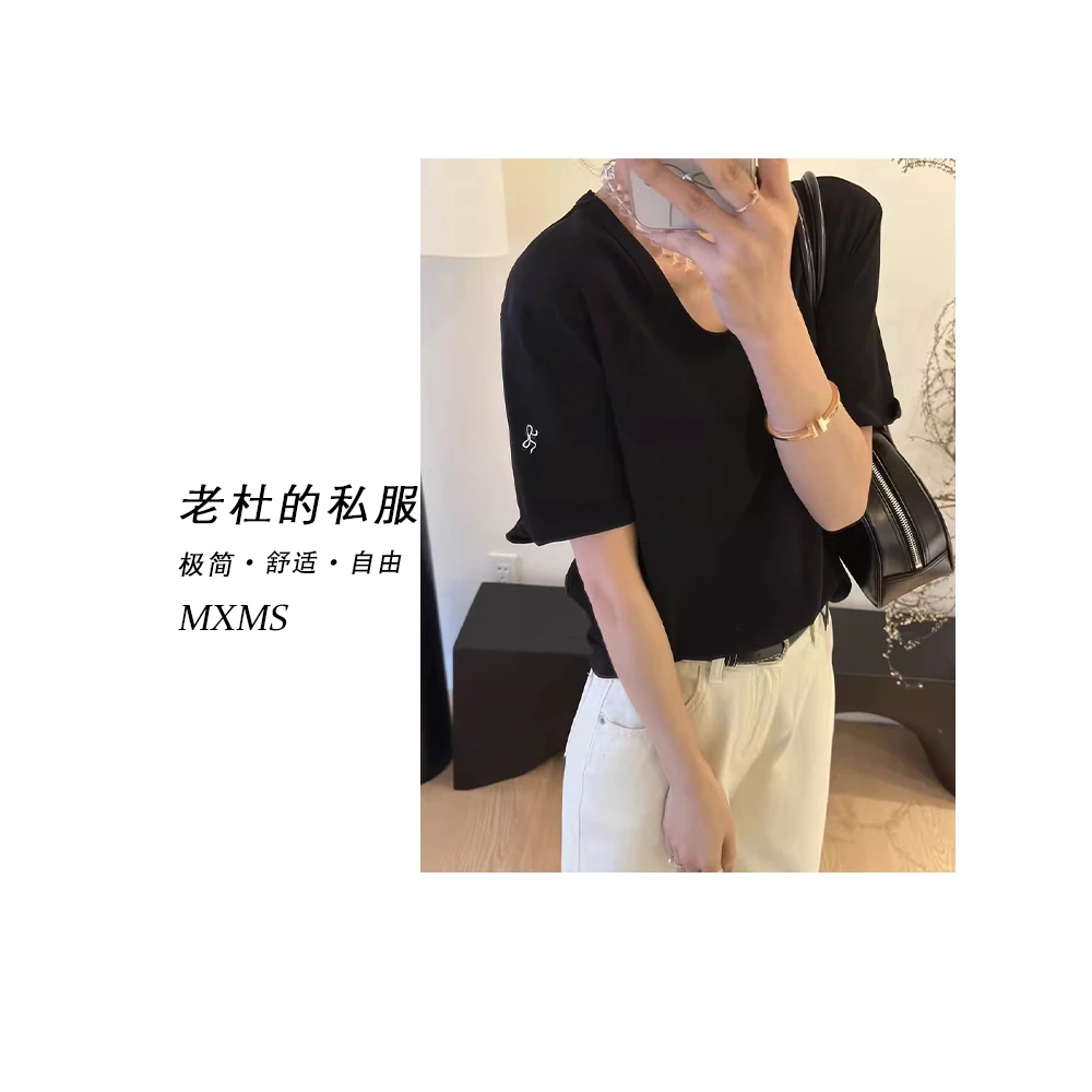 （麦欢尼）25X5077-“印花蝴蝶结”时尚蝴蝶结纯色U领字母短袖T恤