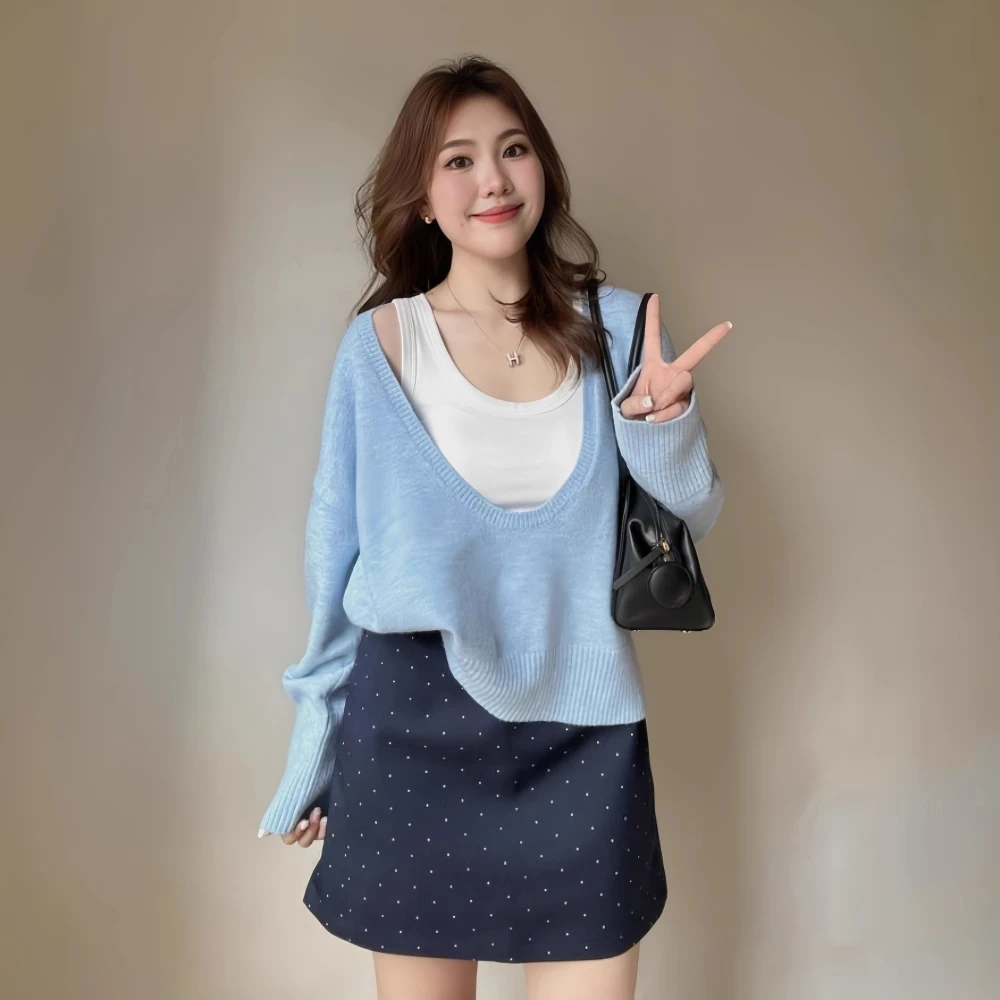 U领套头纯色两件套上衣女2025春秋新款甜美减龄慵懒风针织衫毛衣