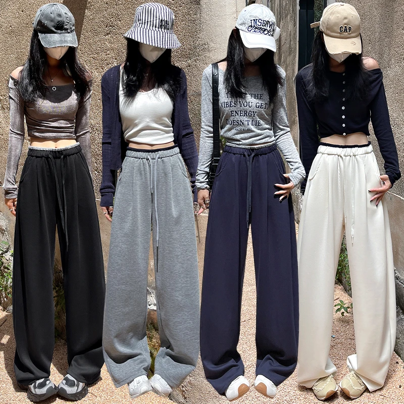 实拍 灰色运动裤女撞色腰头又a又飒垂感阔腿裤显瘦百搭休闲卫裤