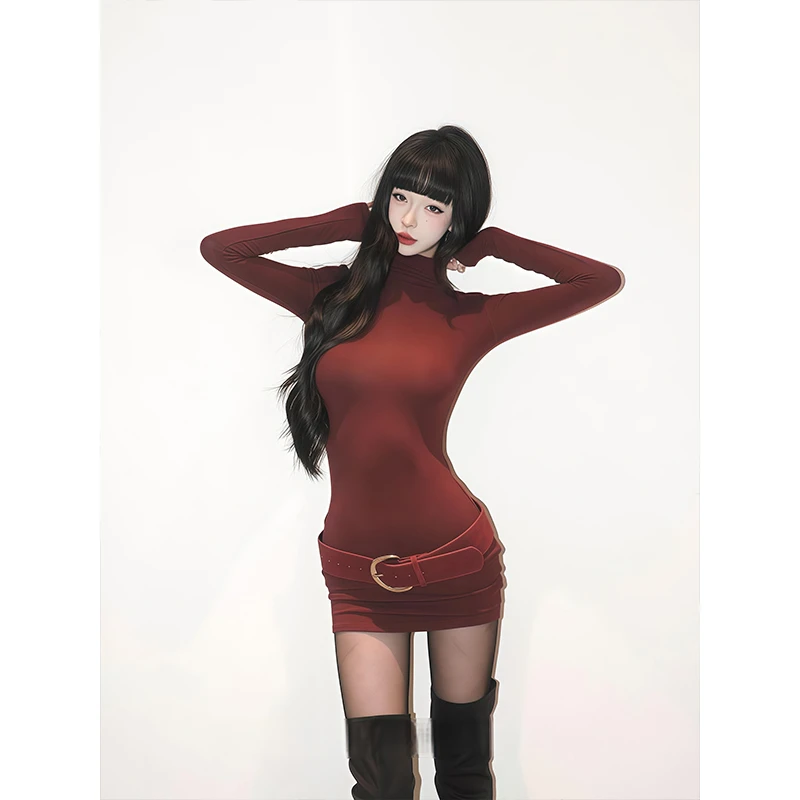 纯欲辣妹半高领长袖连衣裙女秋冬季新款收腰显瘦气性感包臀短裙子