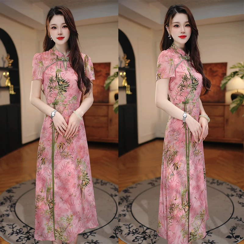 【滴粉搓酥】2025年夏季新款竹叶旗袍连衣裙气质高贵轻奢高端连衣裙