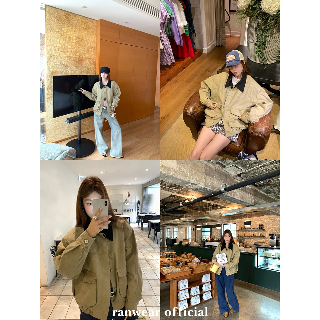 Ranwear 飞行日记 设计感工装外套翻领撞色复古豹纹休闲夹克