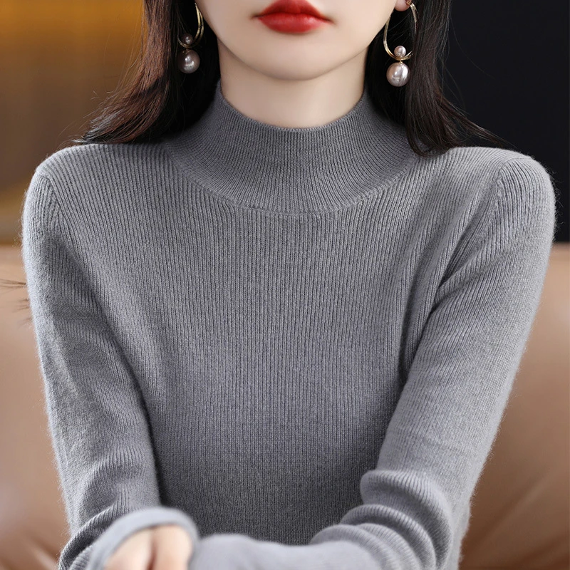 秋冬正肩打底衫抽条半高领针织毛衣高弹修身柔软亲肤长袖上衣女