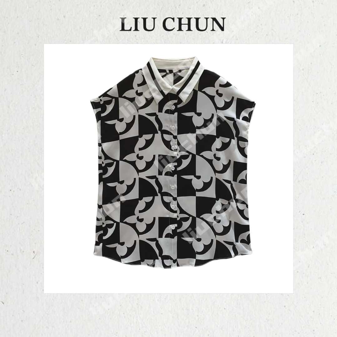 【拼色花纹】CHUN家夏季百搭印花翻领桑蚕丝双乔上衣