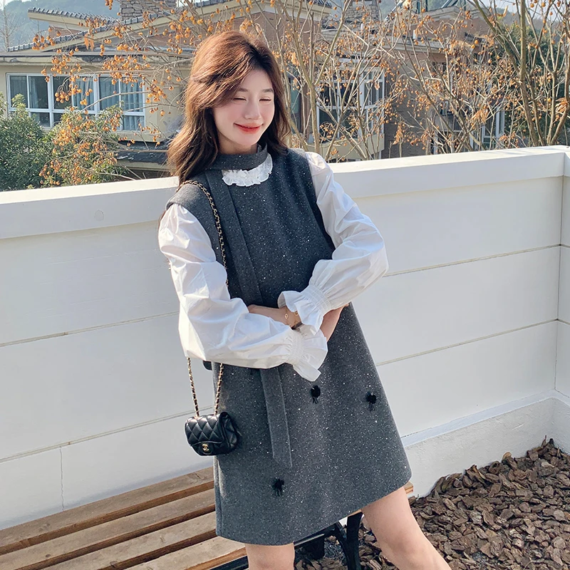 灰色亮片毛呢背心裙套装女春季2025新款韩系白色衬衫连衣裙两件套