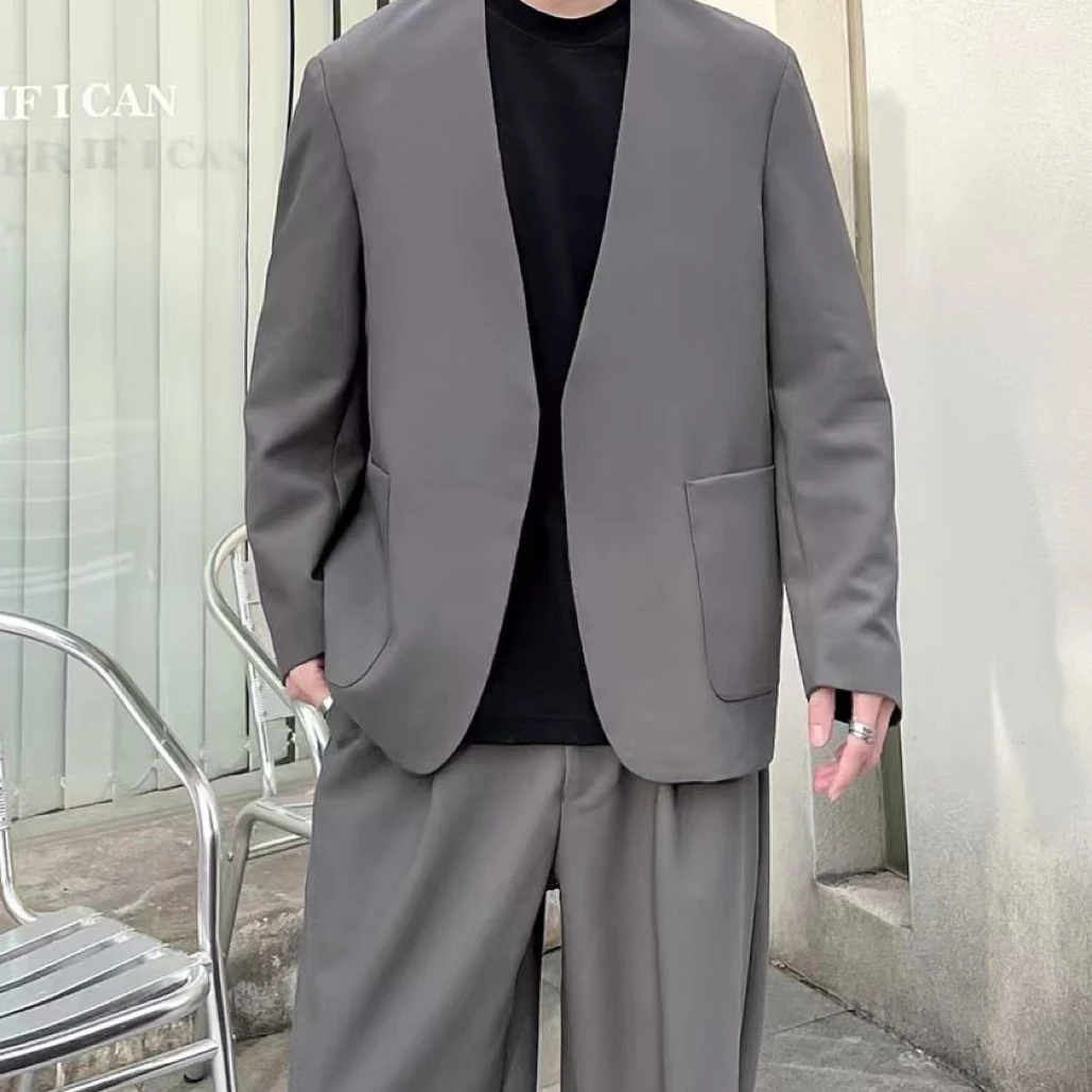 2025早秋无领长袖宽松型青年西服套装小西装百搭男士
