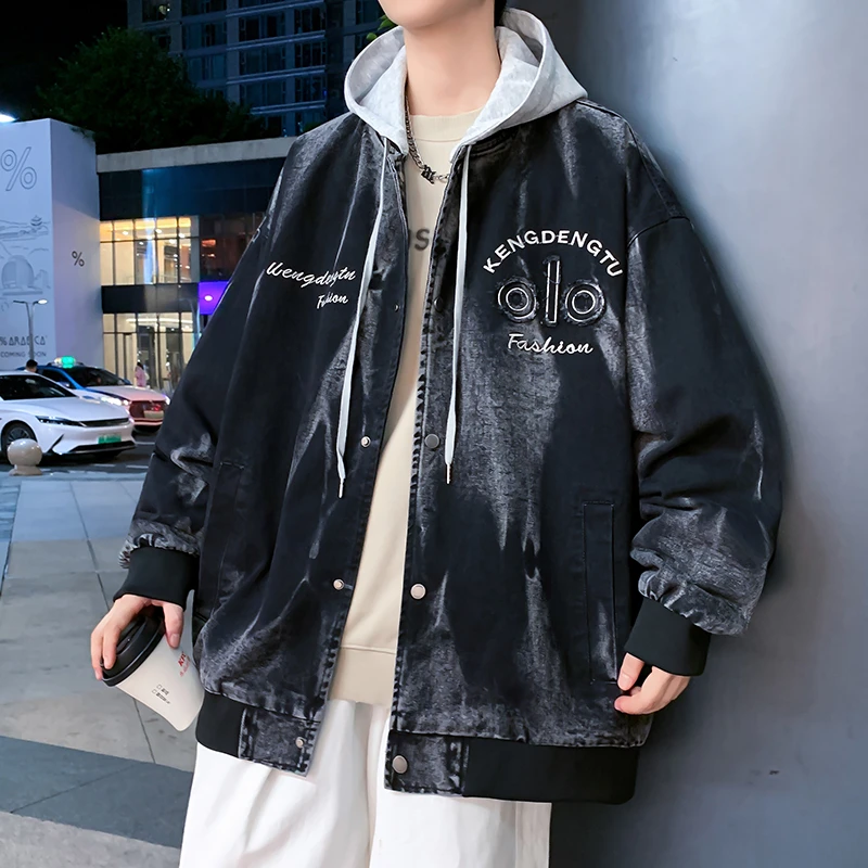 秋冬新款宽松牛仔夹克男装潮流时尚设计感棒球服休闲牛仔外套