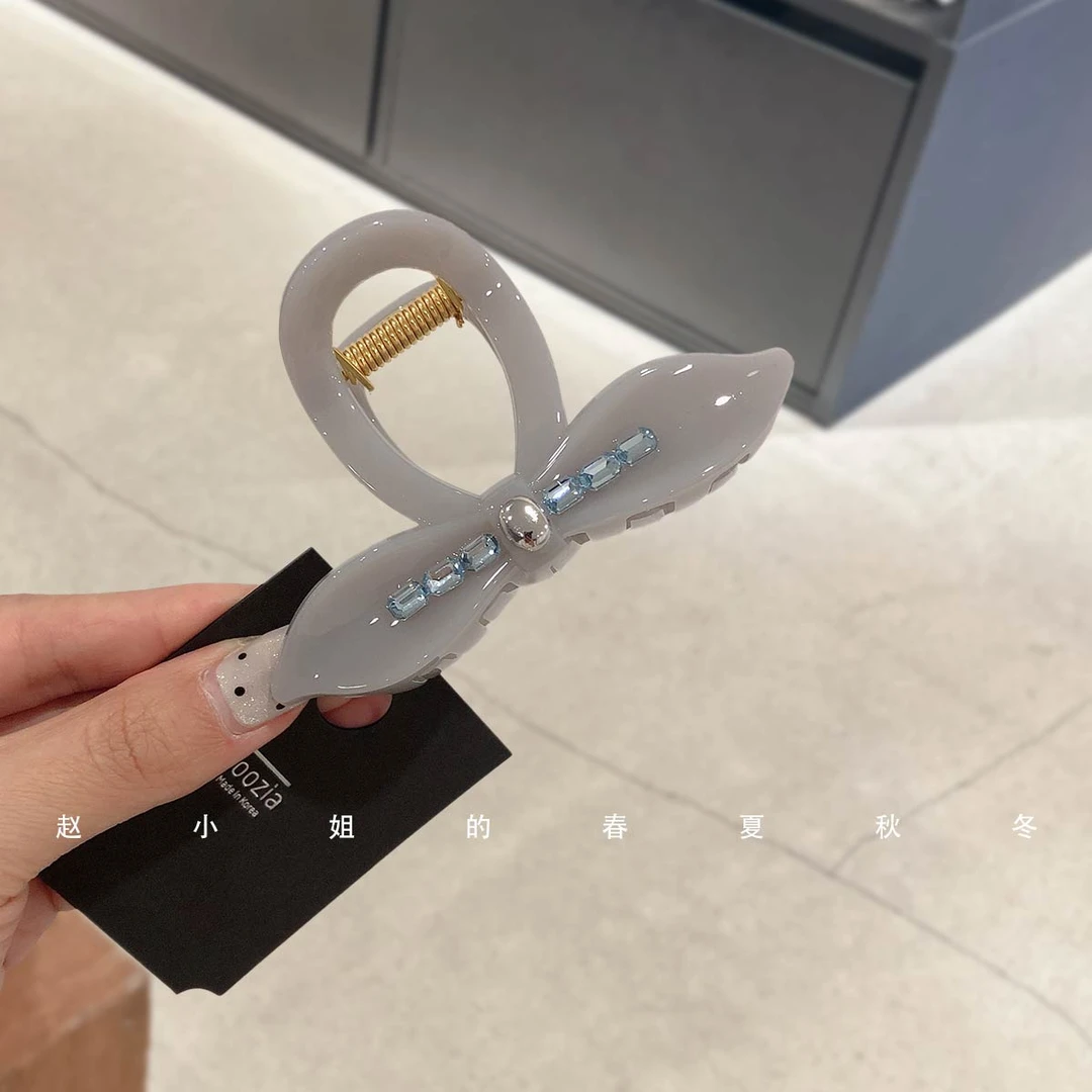 小众头饰发饰春夏新款果冻色气质优雅发抓夹蓝色镶钻蝴蝶结鲨鱼夹