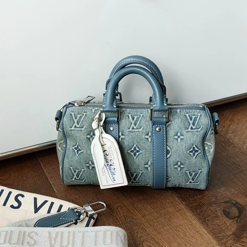 95新 LouisVuitton/路易威登 蓝色牛仔老花keepall25斜挎包/49948