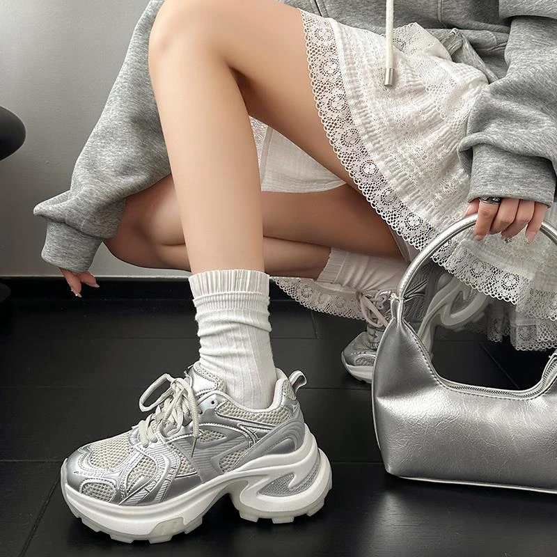 【香港轻奢Sakurano&樱央】7cm增高~银色厚底增高老爹鞋女2024夏新