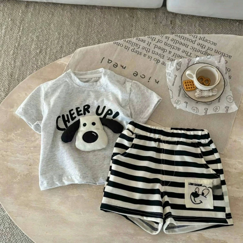 韩系男童纯棉夏季立体卡通短袖新款可爱小狗上衣条纹短裤两件