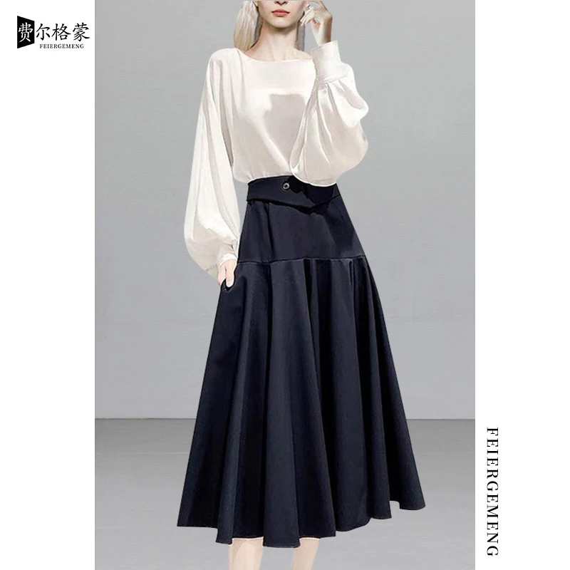 高档复古套装白衬衫半身裙春秋两件套女士新款时尚穿搭一整套洋气