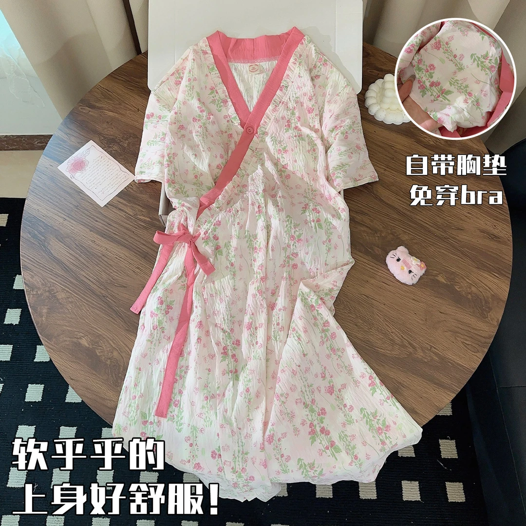 小碎花睡裙女夏季天薄款短袖云朵棉和服带胸垫睡衣少女新款家居服