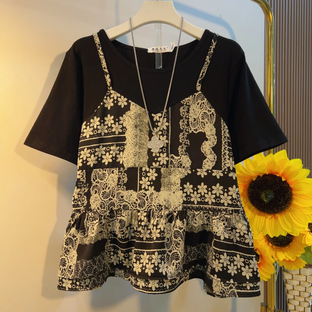 RF夏季新款圆领拼接印花气质百搭短袖T恤女士夏装上衣