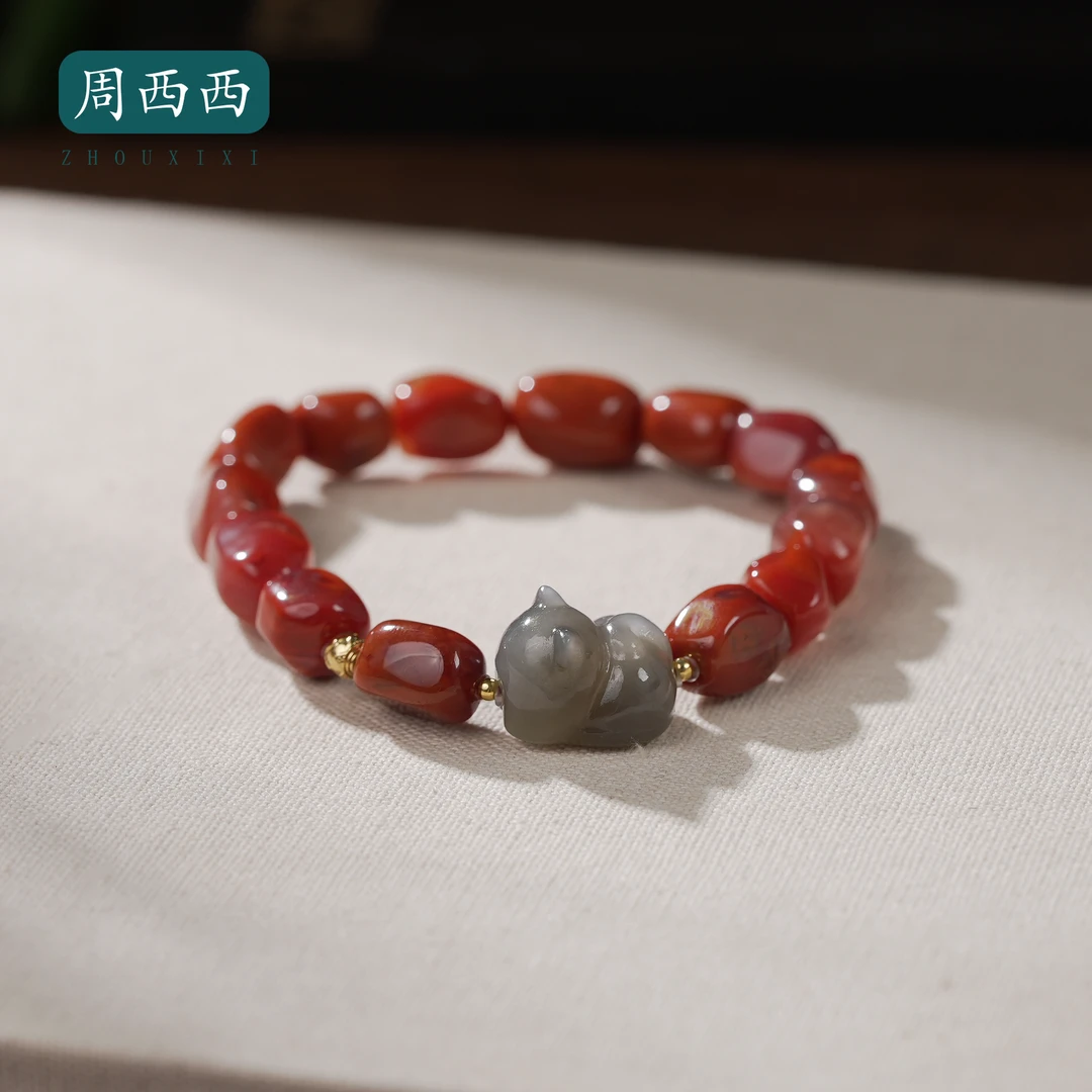 周西西精美18K南红烟紫趴趴猫手串8mm气质百搭多样性发货19282