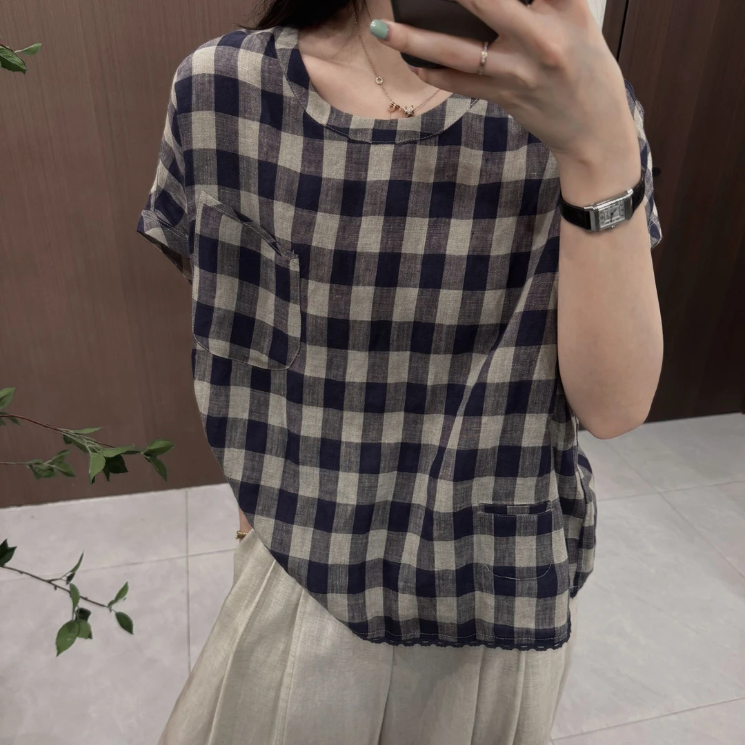 今婷韩式休闲时尚设计感高级气质显瘦短袖格子衬衫-M25215336