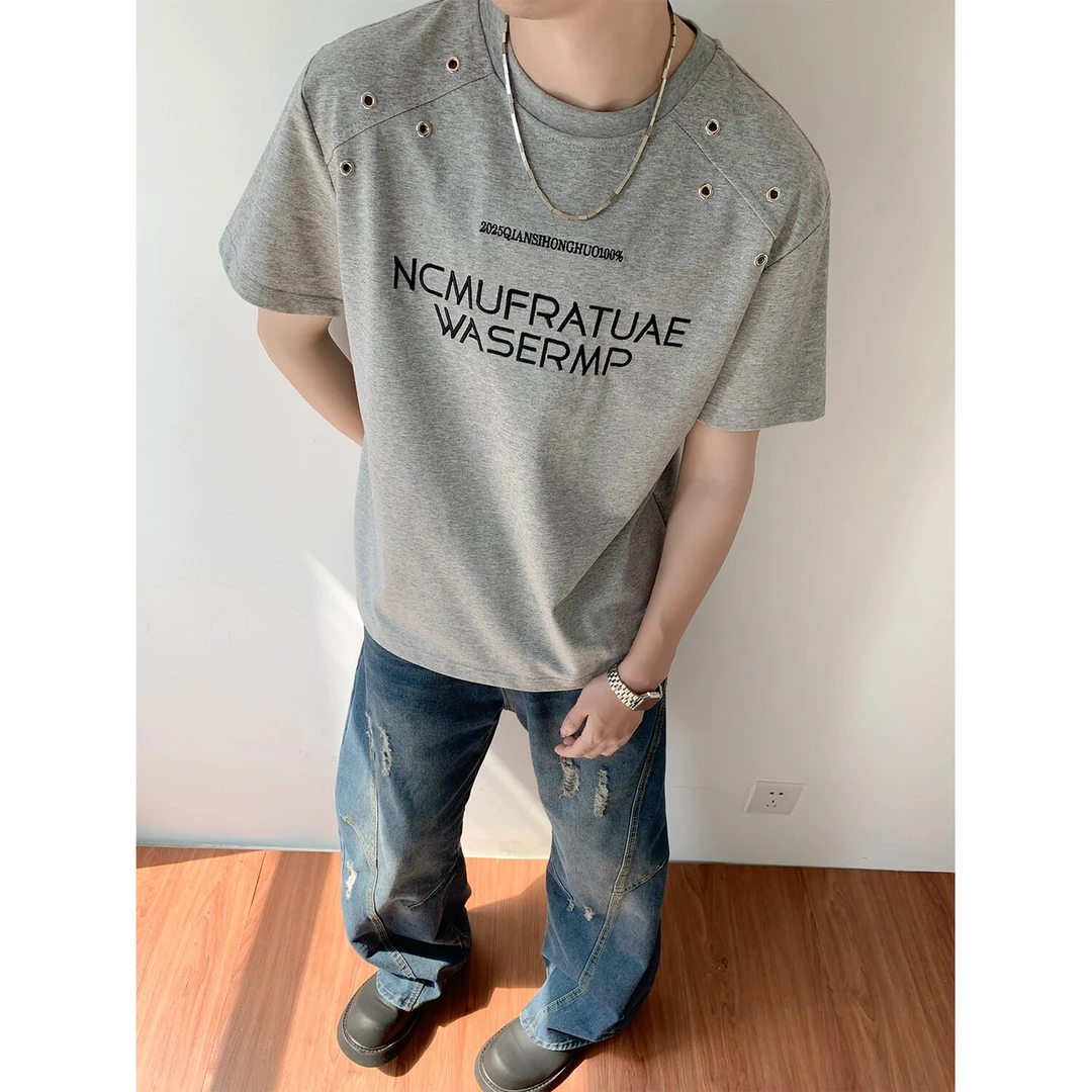 小众金属感重工刺绣T恤男夏季美式cleanfit短袖痞帅潮男五分半袖