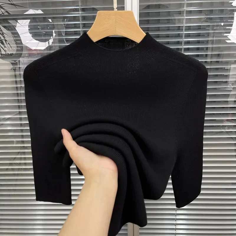 正品撤柜一线成衣羊毛衫半高领中袖针织衫修身半袖打底五分袖上衣
