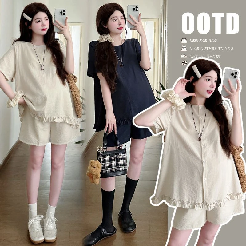 夏季2025新款韩系简约老钱风青春洋气显瘦时尚宽松舒适孕妇套装