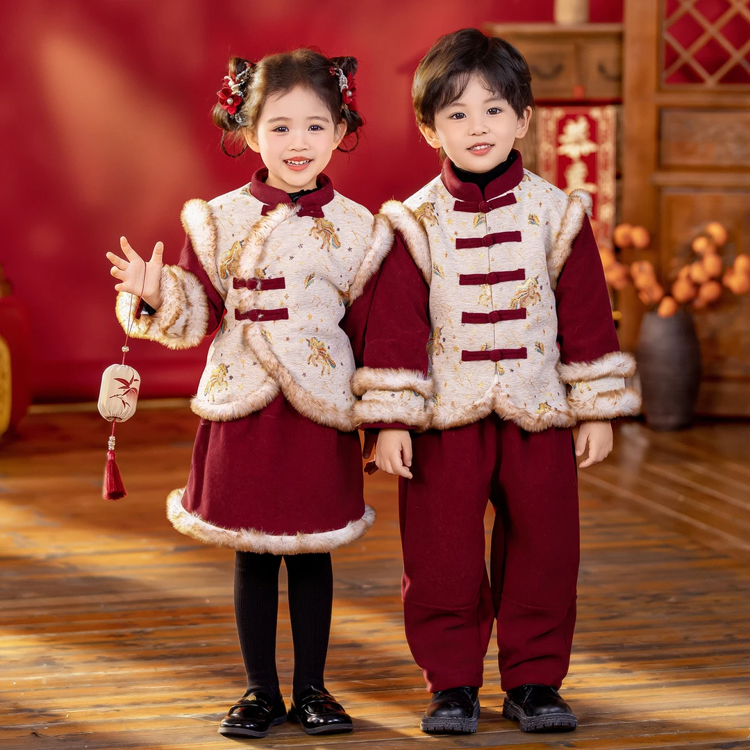 拜年服新中式唐装超厚棉服套装姐弟装幼儿园元旦喜庆汉服演出服装
