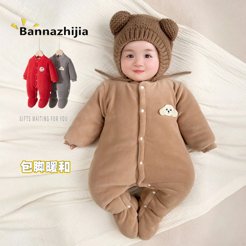婴儿过年加厚红色包脚连体衣喜庆衣服冬季男女宝宝爬服棉服拜年服