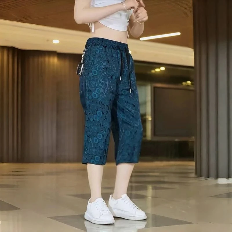 男士七分裤夏季薄款休闲短裤直筒百搭宽松透气冰丝中裤提花冰丝裤