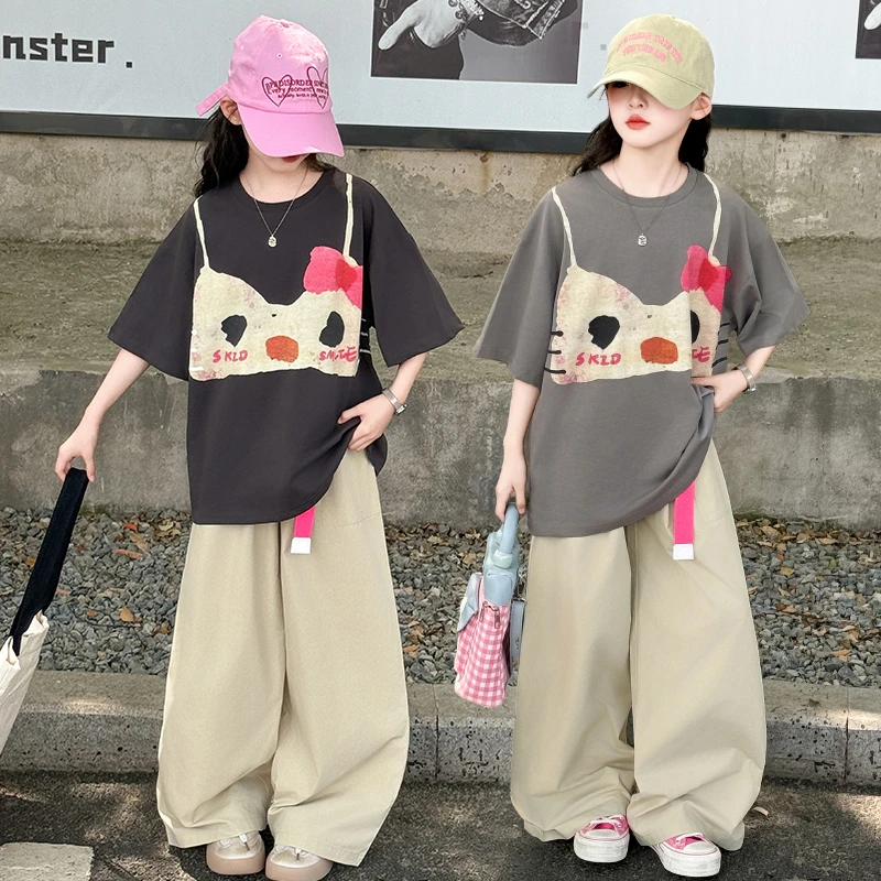 女童夏装套装2025新款洋气女孩短袖中大童6-15岁阔腿裤薄款两件套