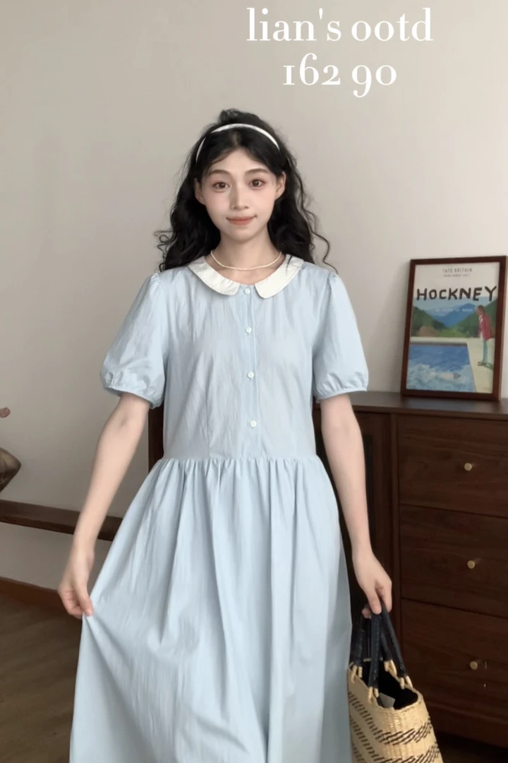 2290 “蓝色风铃草”法式明线小翻领气质连衣裙