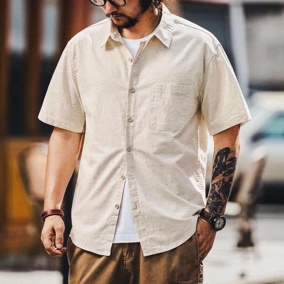 格蓝鹿高端日系复古潮牌亚麻短袖衬衫男夏季薄款宽松透气休闲衬衣