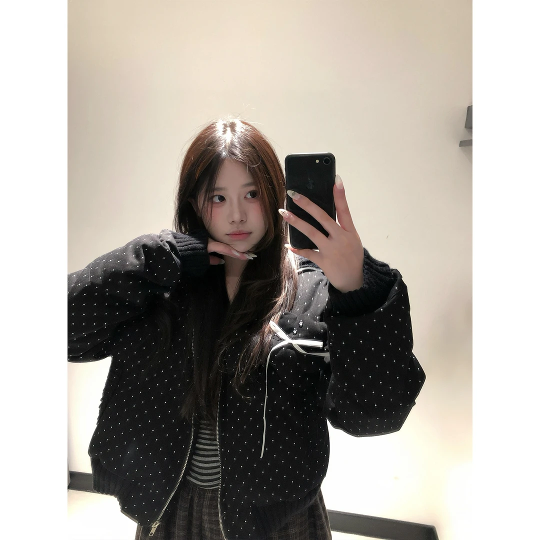 甜酷风波点大翻领拉链棉衣短外套女放假超好看宽松蝴蝶结保暖棉服