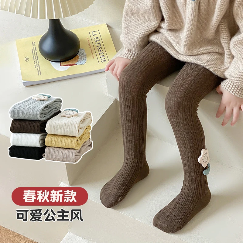 A类女童连裤袜春秋麻字花朵儿童白色舞蹈袜中大童连脚裤袜棉质打