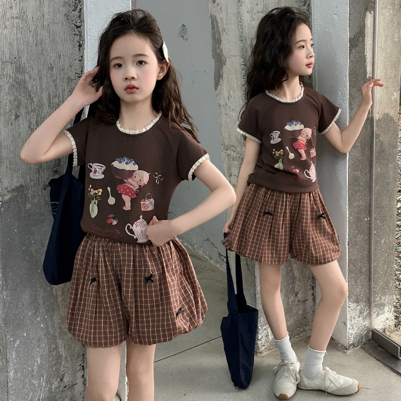 女童夏套装2025新款童装洋气花边短袖上衣儿童格子蓬蓬短裙两件套