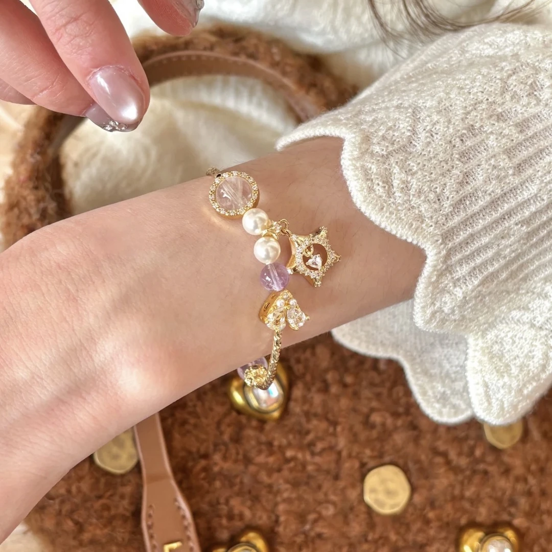 【紫薇星】天然薰衣草紫水晶透体合金弯管可爱手链