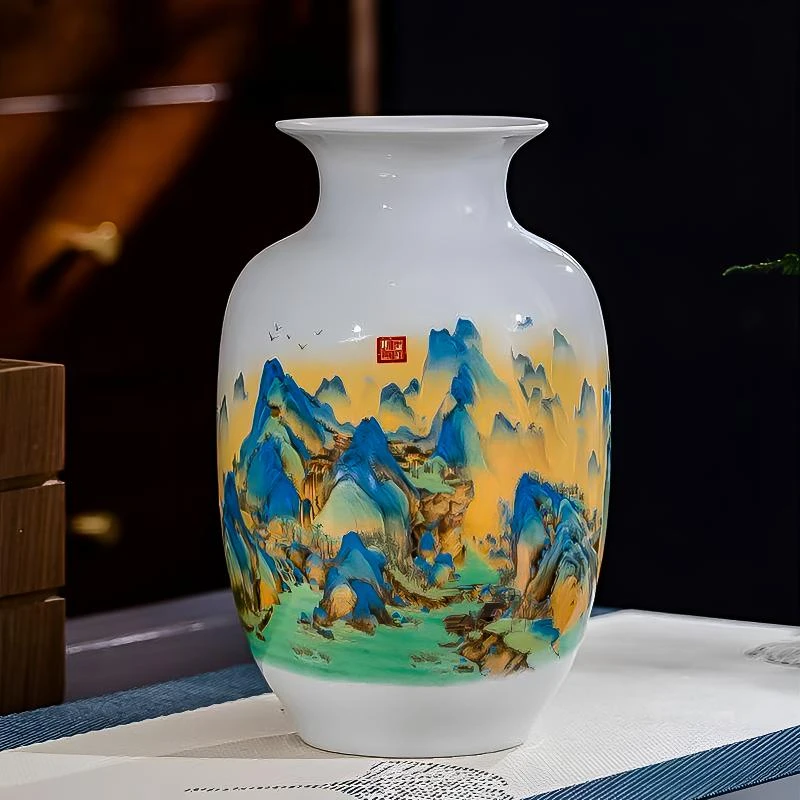 《天興优选》陶瓷器千里江山冬瓜瓶花瓶摆件博古架客厅电视柜装饰品