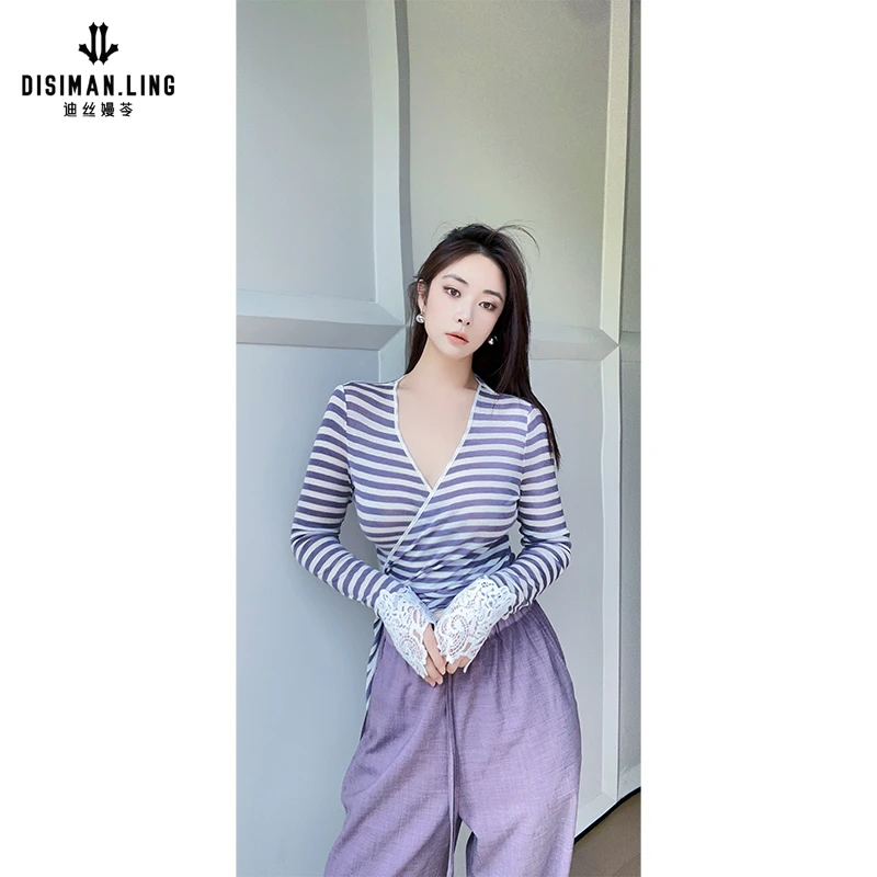 迪丝嫚苓多色条纹上衣长袖蕾丝时尚百搭休闲收腰小众设计感原创