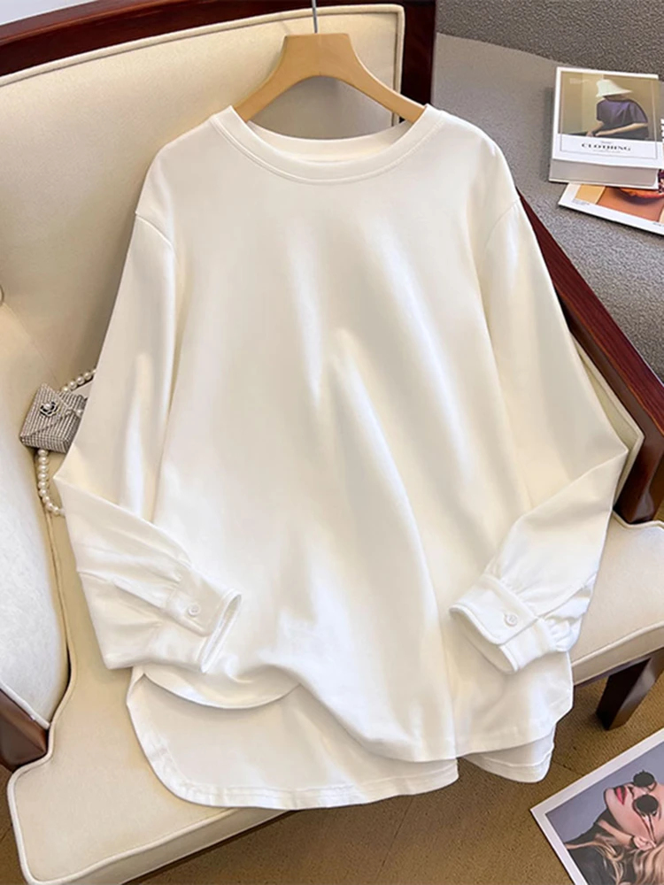 白色打底衫t恤女休闲宽松新款加绒圆领长袖卫衣打底配鲨鱼裤上衣