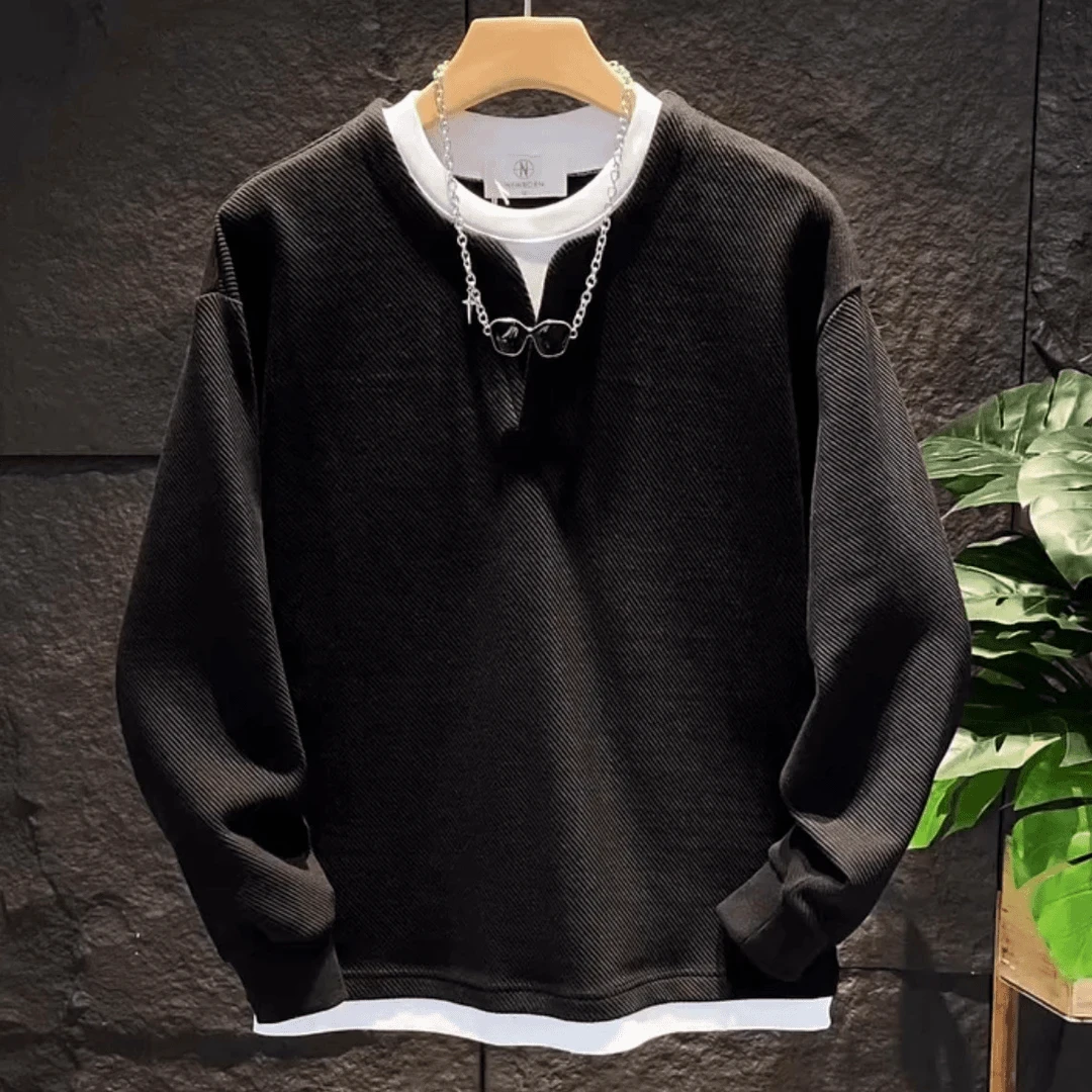 仓石一树宽松春秋季新款纯色假两件V领卫衣男装潮流百搭长袖上衣