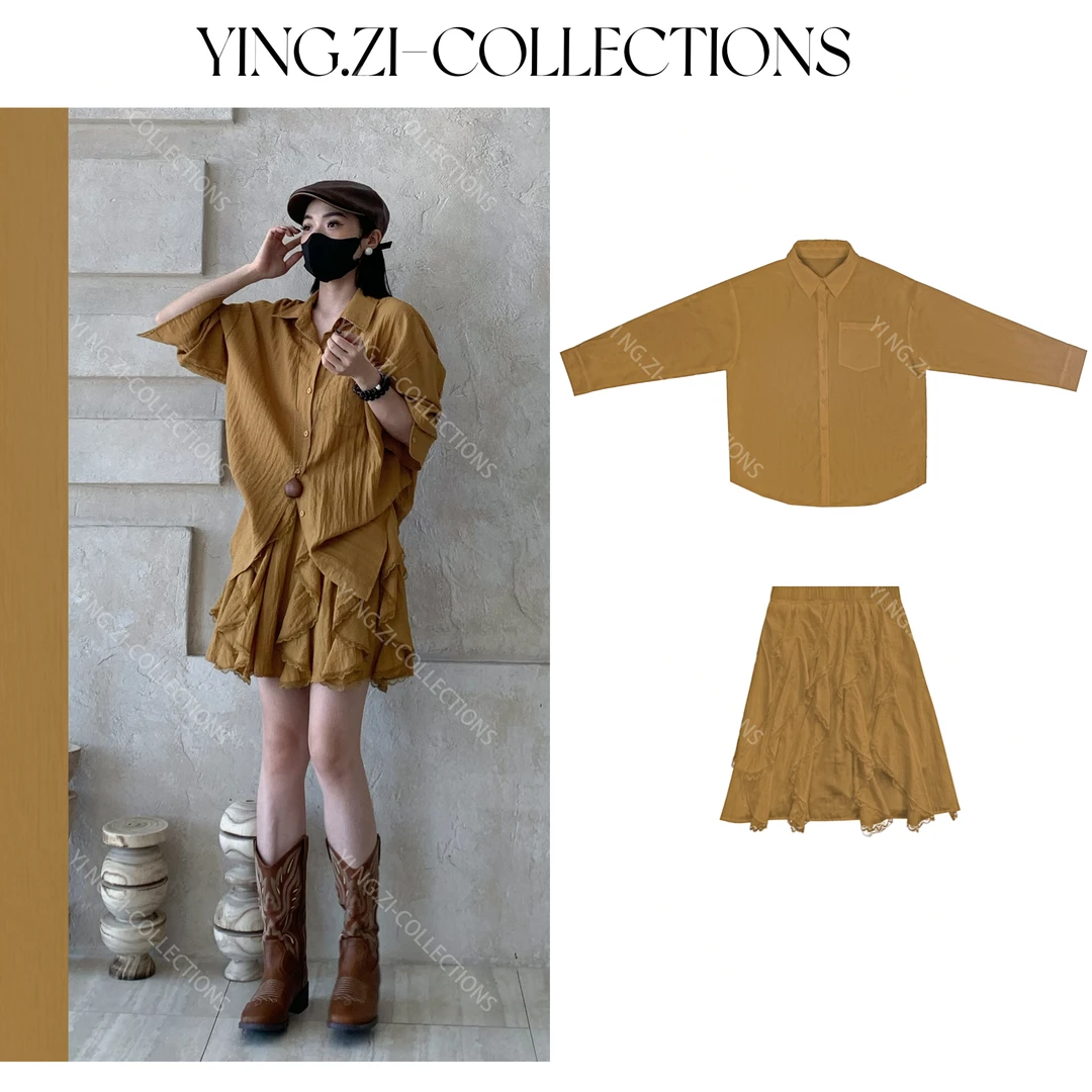 Ying-Zi 【一卷卷】短裙套装衬衫防晒休闲蕾丝花边时尚