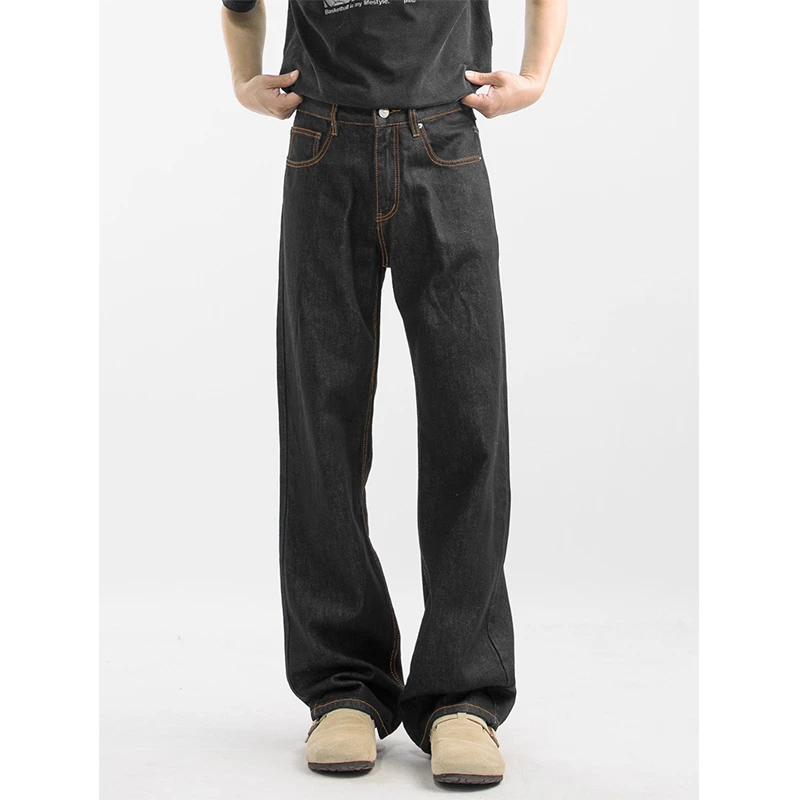 新款黑色美式复古宽松日系休闲裤子男生牛仔裤直筒原牛vibe阔腿裤