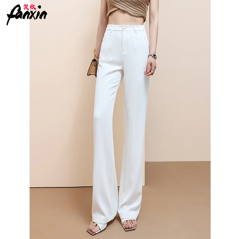 白色裤子窄版阔腿裤女夏季薄款高腰西装裤高个子直筒裤垂感微喇裤