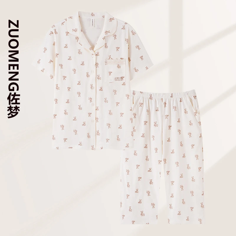 zuomeng/佐梦睡衣女夏季少女时尚小熊短袖短裤套装纯棉休闲家居服
