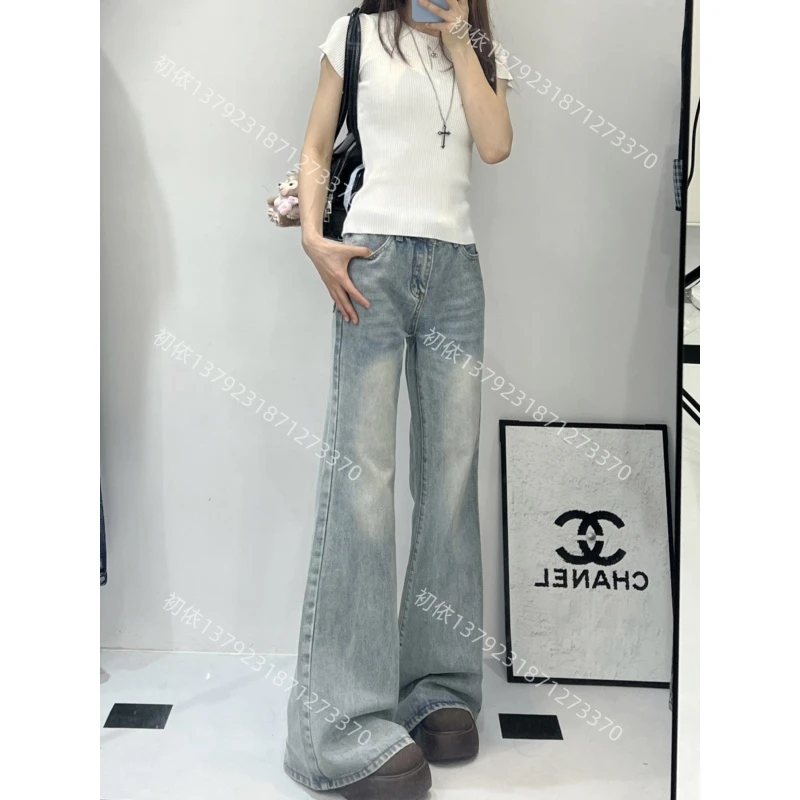 夏季2025新款美式复古高腰显瘦不贴腿微喇牛仔裤女