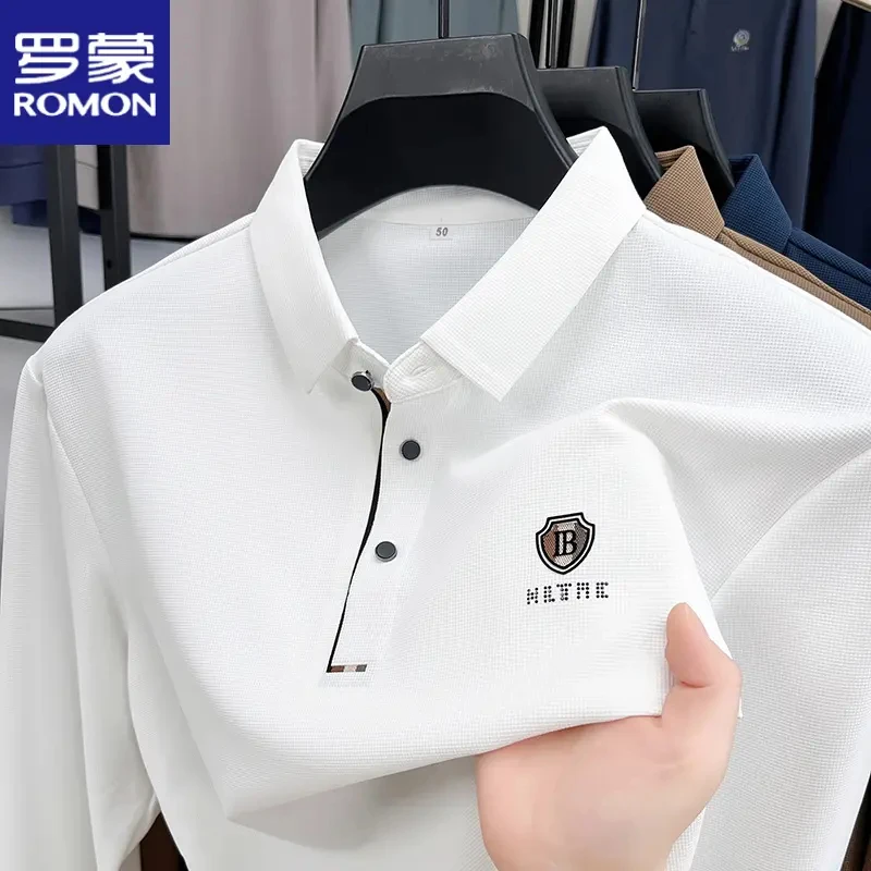 罗蒙宽松舒适男士纯色长袖polo衫时尚潮流中青年翻领抗皱商务t恤